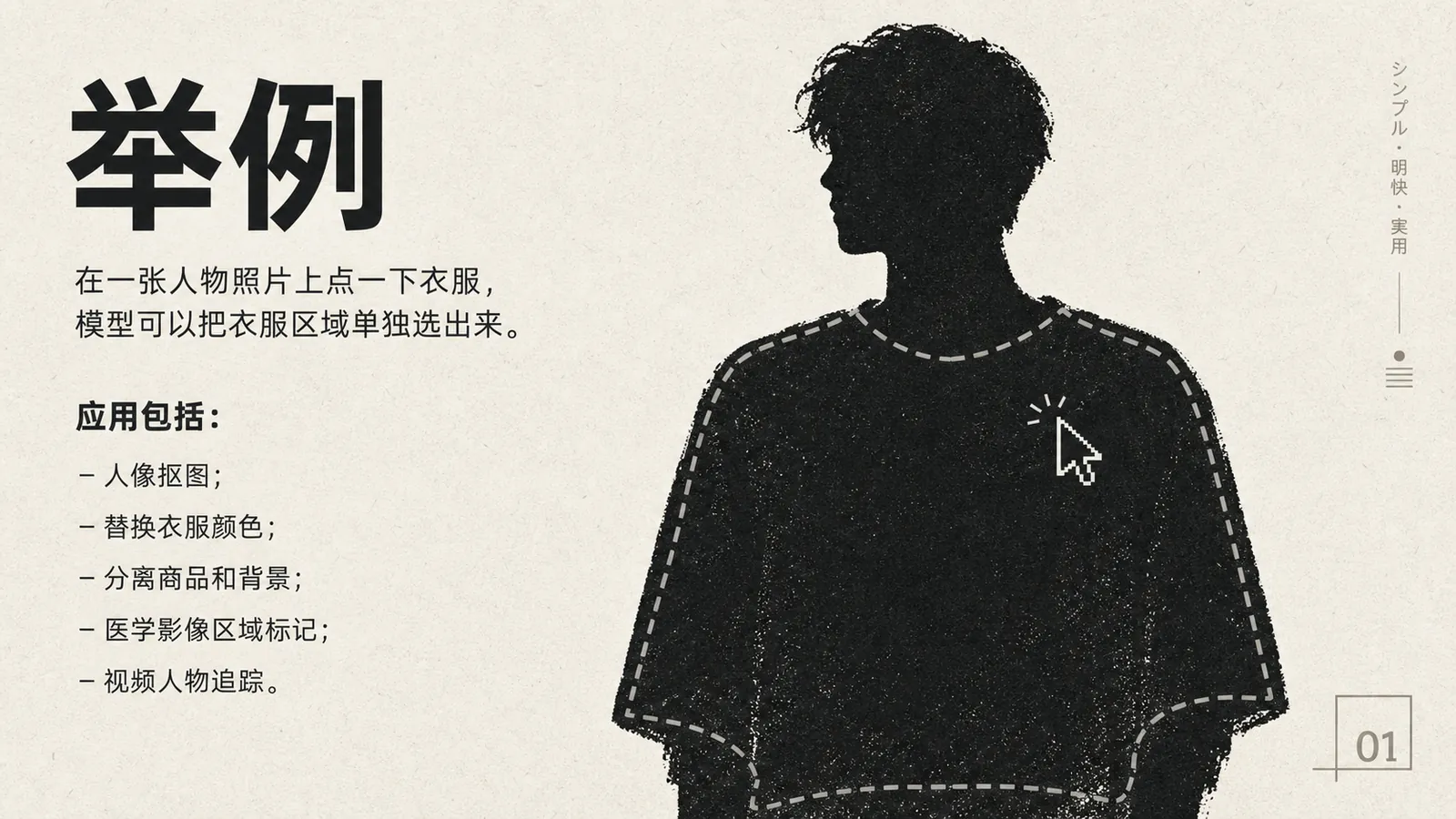 图片展示了图像分割模型的举例内容。画面中是一位侧身站立的男性，背景为黑色，男性轮廓以白色虚线勾勒。左侧文字说明在一张人物照片上点一下衣服，模型可以把衣服区域单独选出来。下方列出应用包括人像抠图、替换衣服颜色、分离商品和背景、医学影像区域标记、视频人物追踪等。该图片与上下文紧密相关，直观呈现了图像分割模型的应用场景，帮助理解其核心能力。