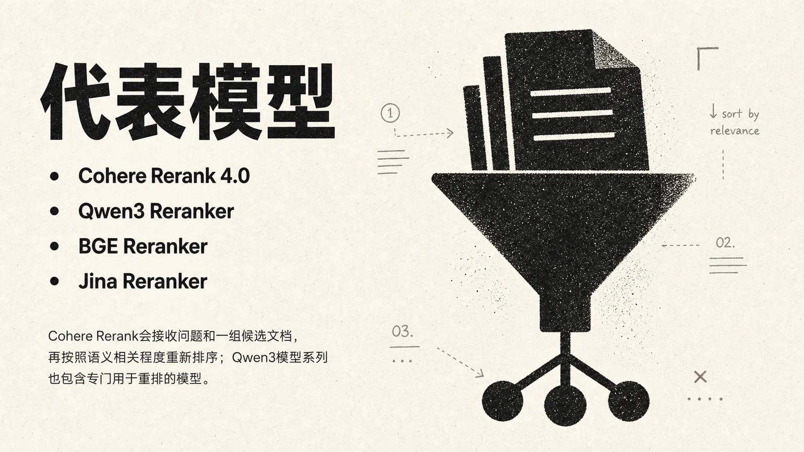 图片展示了代表模型，包括Cohere Rerank 4.0、Qwen3 Reranker、BGE Reranker、Jina Reranker。右侧是一个漏斗状结构，顶部有“sort by relevance”标识，下方有数字序号1、2、3，分别对应接收问题和候选文档、排序、输出结果。图片与上下文紧密相关，上下文提到Cohere Rerank会接收问题和一组候选文档，再按语义相关程度重新排序，Qwen3模型系列也包含专门用于重排的模型，此图直观呈现了重排模型的工作流程。