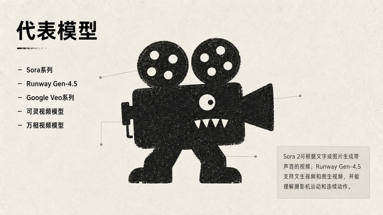 图片以黑色相机造型为主，标注了“代表模型”及Sora系列、Runway Gen - 4.5、Google Veo系列、可灵视频模型、万相视频模型等五个视频生成模型名称。右侧有文字说明，Sora 2可根据文字或图片生成带声音的视频；Runway Gen - 4.5支持文生视频和图生视频，并能理解摄影机运动和连续动作。该图与上下文介绍视频生成模型的内容相呼应，直观呈现了视频生成模型的代表模型。