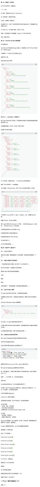 图片展示的是OpenClaw多Agent飞书Bot配置指南部分内容。上方是飞书多Agent自动配置Skill的代码示例，包括agentId、agentName、agentType等配置项。下方是workspaces配置示例，列出多个工作空间ID及对应名称。还介绍了agentAgent配置，如agentAgentId、agentAgentName等。此外，有OpenClaw agentAgentId配置示例，以及多个agentAgentId及对应名称。图片与文档中关于飞书多Agent配置的上下文紧密相关，为配置多Agent提供了代码和配置示例参考。