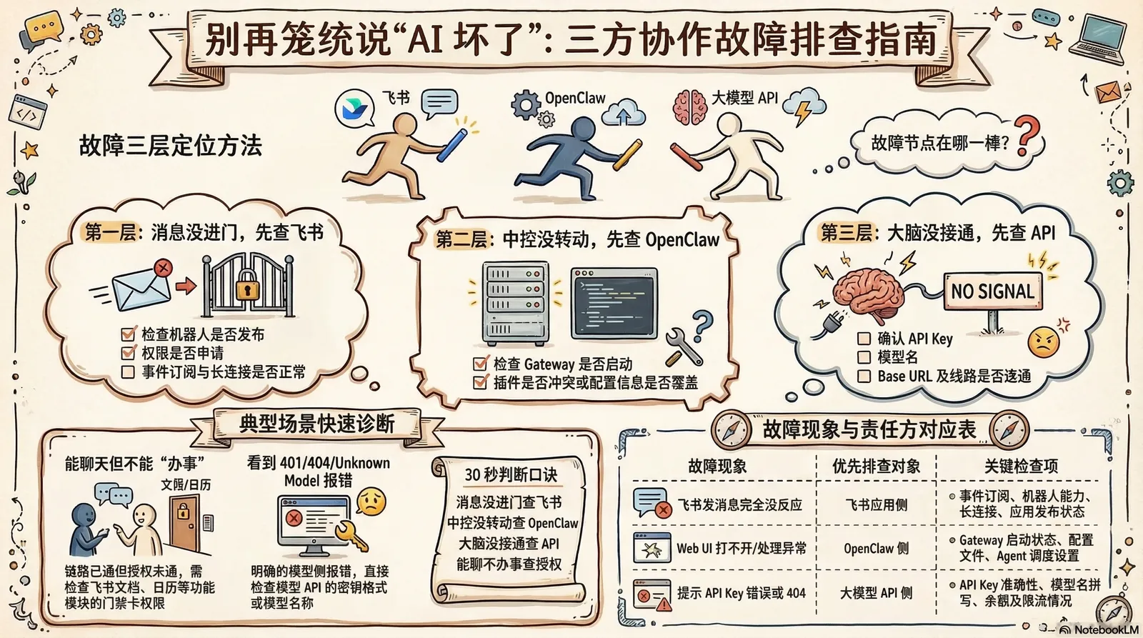 图片是“别再笼统说‘AI 坏了’：三方协作故障排查指南”相关内容。上方有“别再笼统说‘AI 坏了’”的标题。图片分为三层，第一层是“消息没进门，先查飞书”，第二层是“中控没转动，先查 OpenClaw”，第三层是“大脑没接通，先查 API”。每层下有对应的操作步骤和关键点说明，如检查机器人是否发布、权限是否申请等。图片还展示了典型场景快速诊断，如能聊天但不能“办事”、30秒判断口诀等，以及故障现象与责任方对应，如飞书发消息完全没反应、Web UI 打不开/处理异常等。